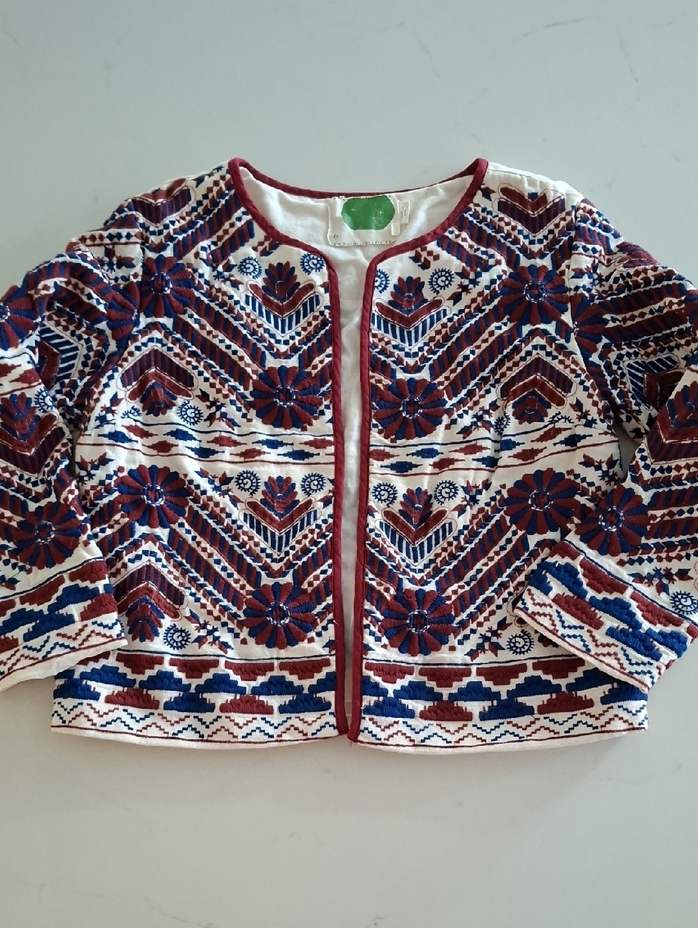 Anthropologie White, Burgundy & Navy Embroidered Collarless Chore Coat (Size XS)